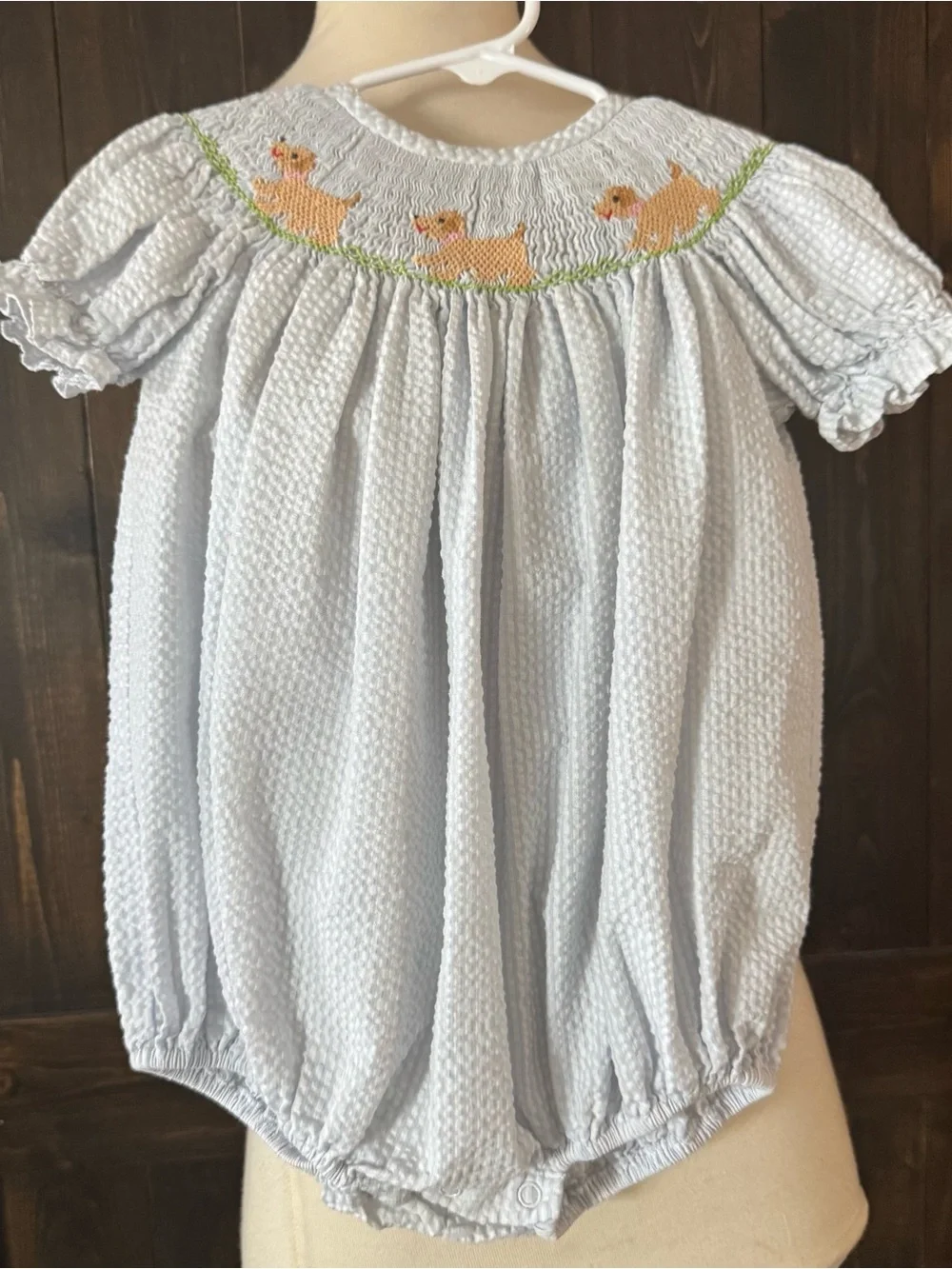 Stitchy Fish Puppy Dog Smocked Bubble Romper 18 Months Blue Gingham
